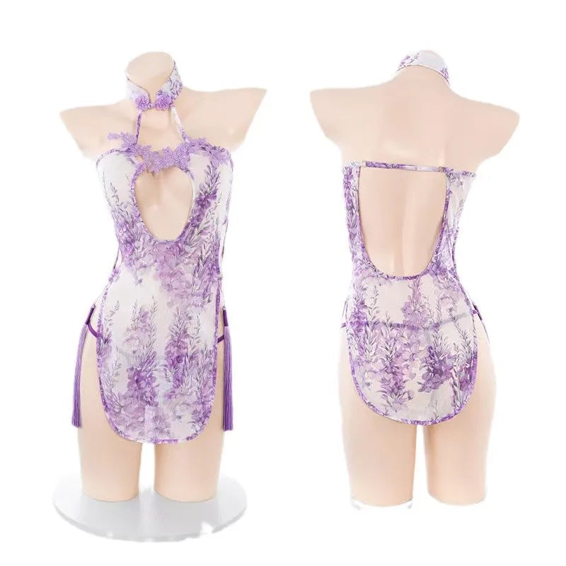 Floral Cheongsam Hot Hollow Slit Temptation Traditional Porno Exotic Charm Costume Purple