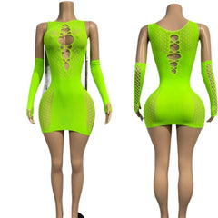 Bandage Mini Hollow Out Slim Babydoll Square Collar Gloves Backless Nightclub