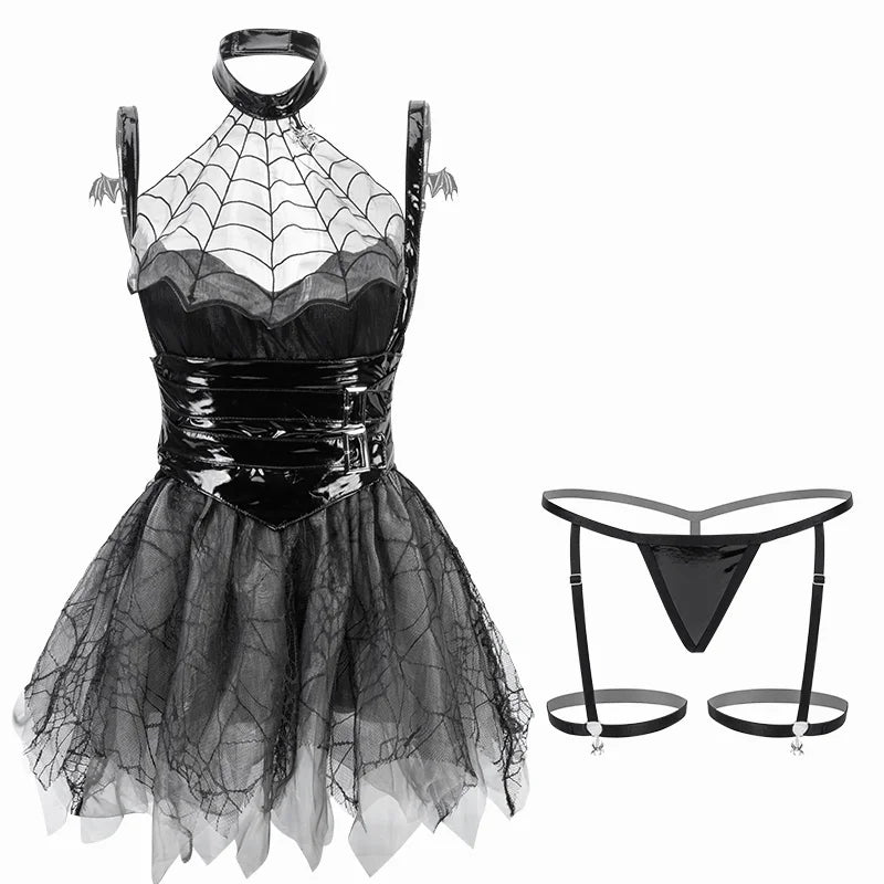 Spider Devil Cosplay Costume Hollow Cobweb Patchwork Backless Saree Gothic Lolita Skirt Halloween Costumes