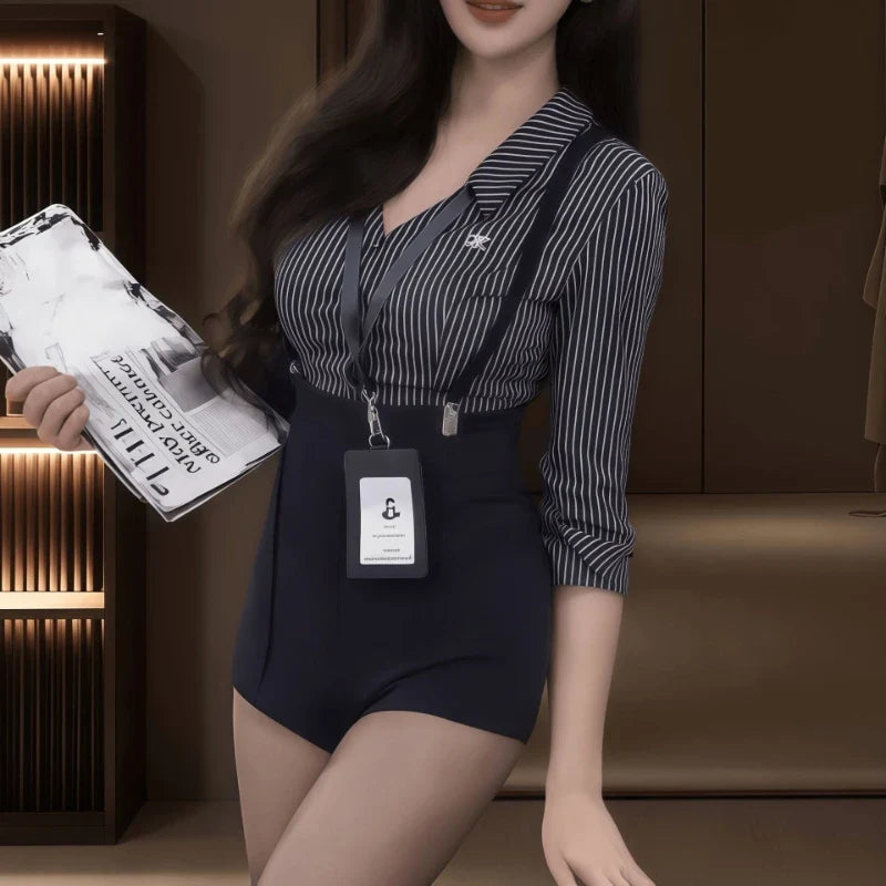 Pure Desire Striped Shirt Shoulder Strap Mature Office Secretary Role-playing Teacher Temptation Costumes
