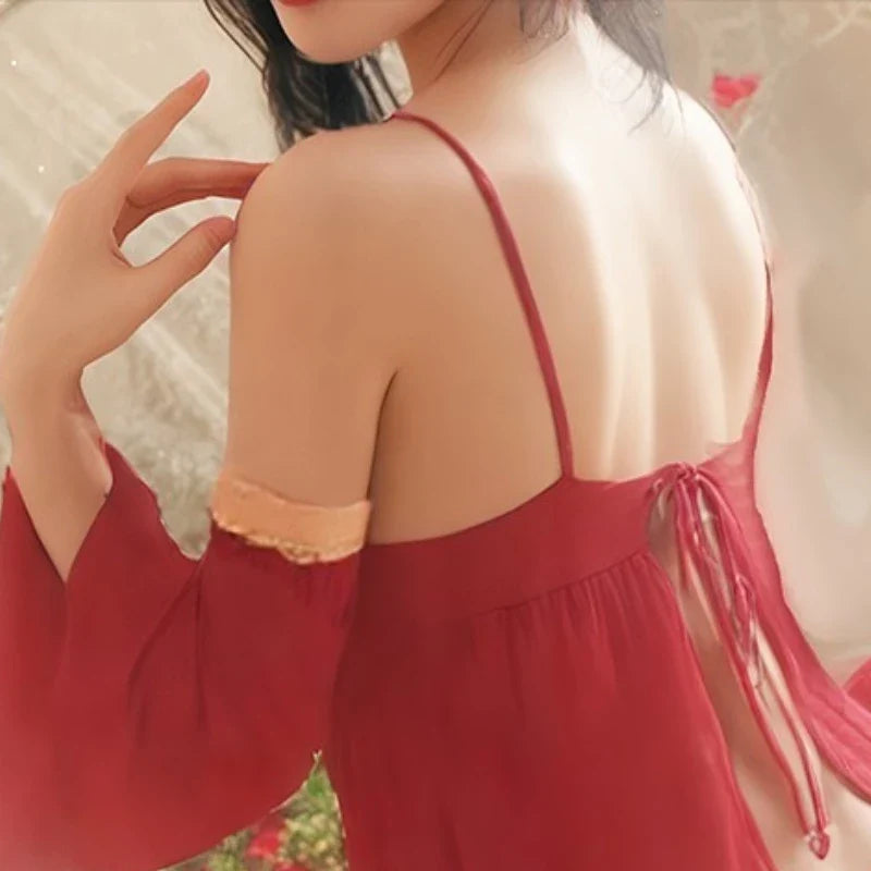 Ancient Style Hanfu Elegant Transparent Flower Print Backless Deep V NightTraditional Bellyband Pajamas