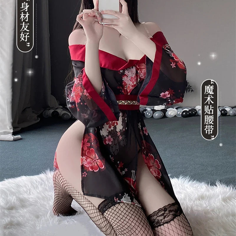 Flower Printing Kimono Traditional Pajamas Erotic Lingerie Bathrobe Nightgowns Perspective Sleepwear