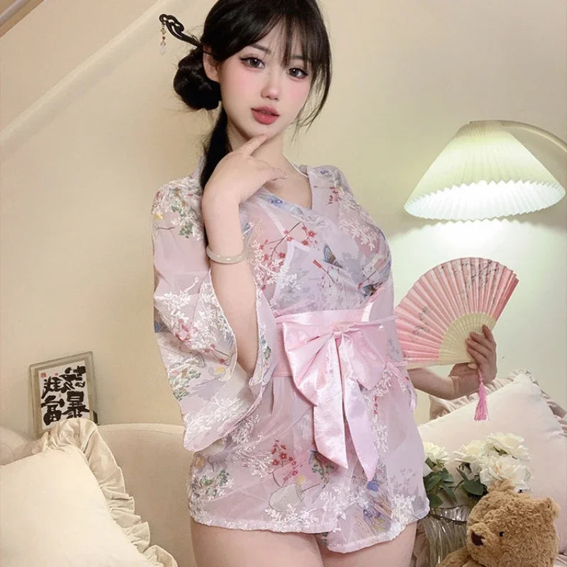 Lingerie Kimono Sweet Cute Bathrobe Cosplay Seductive Print Bow Gauze Pajamas Exotic Charm Costume 5colors
