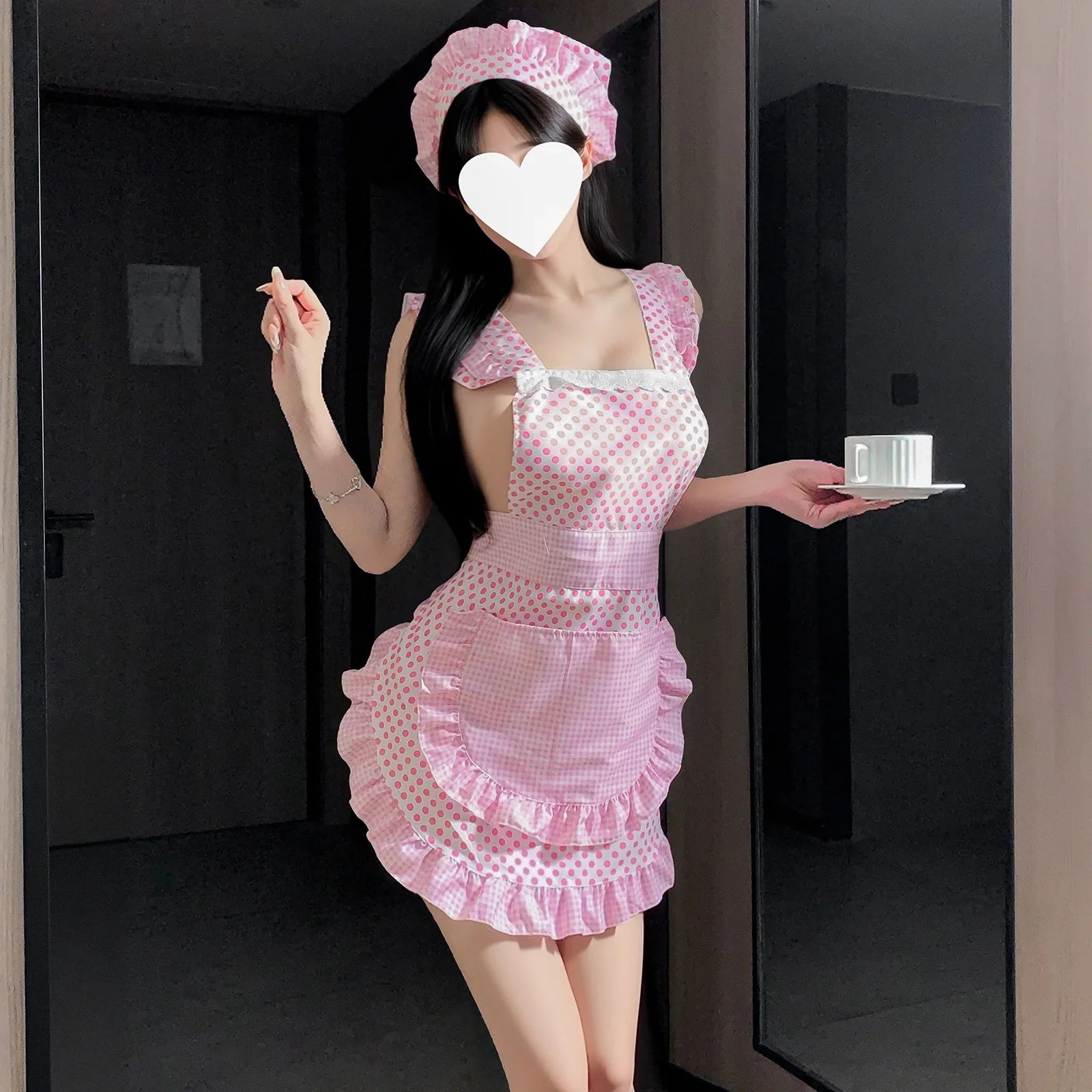 Cute Polka Dot Backless Lolita Maid Cosplay Temptation Backless Lingerie Skirt Costume Kawaii Ruffle Apron Women's