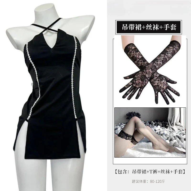 Suspender Hollow Out Nightclub Queen Roleplay Outfit Romantic Nightgown Erotic Lingerie Side Slit Skirt