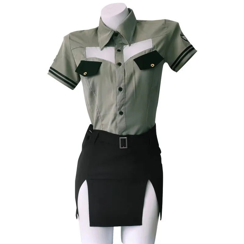 Lingerie Exotic Sets Instructor Cosplay Costume V-neck Blouse Top Short Skirt PoliceOfficer Roleplay