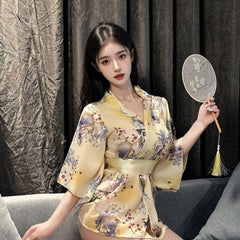 Short Style Kimono Bathrobe Temptation Print Bow Pajamas Home Nightgown Exotic Charm Costumes