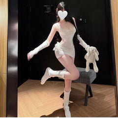 Backless Bandage Sweater Spicy Deep V Straps Erotic Lingerie Hip Hugging Skirt Home 3 Colors