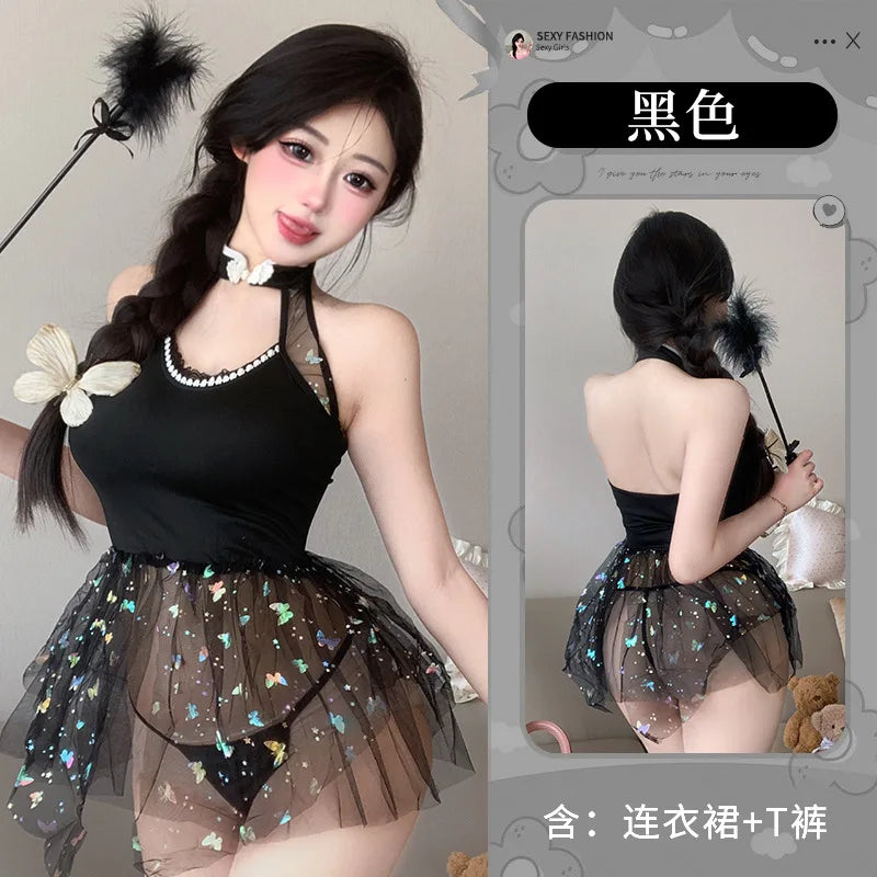 Princess Cosplay Lingerie Bowtie Back Dance Stage Costumes Chiffon Pajamas Temptation Party Porn