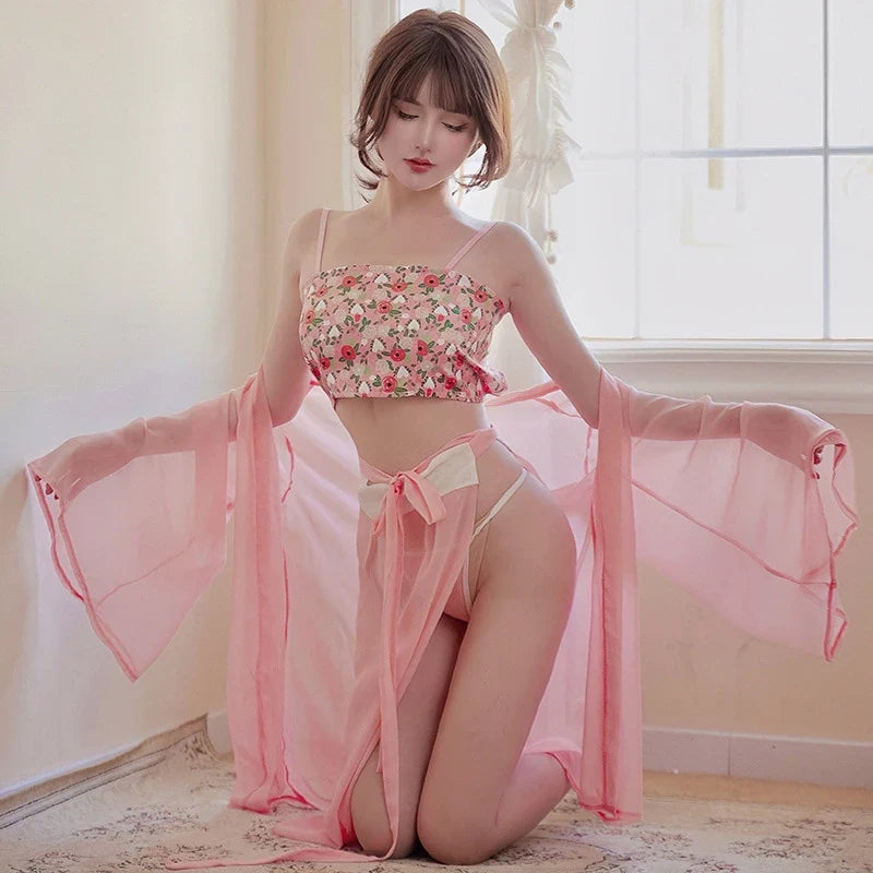 Pink Hanfu Bellyband Perspective Skirt Thin Outerwear Erotic Cosplay Lingerie Mesh Traditional Retro Costumes