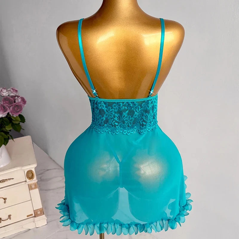 See Through Blue Lace Sling Sleepwear Two-piece Babydoll Nightgown Valentine's Day Gift Erotic Costumes