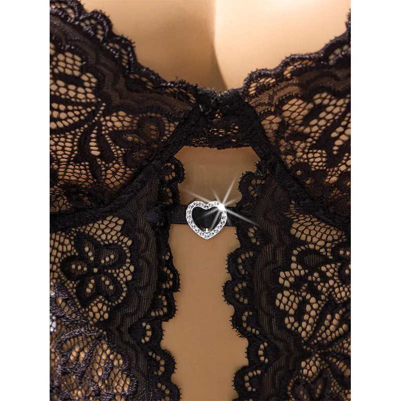 Garter Lingerie Spaghetti Strap Wire-free Bra Crotchless Bodysuit Sheer Lace Babydoll Underwear 2 Piece Sets