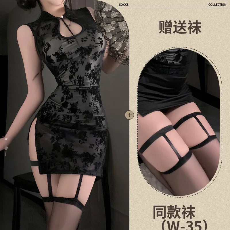 Style Improved Cheongsam Sleeveless Vest Slit Bag Hip Skirt Traditional Printing Costumes