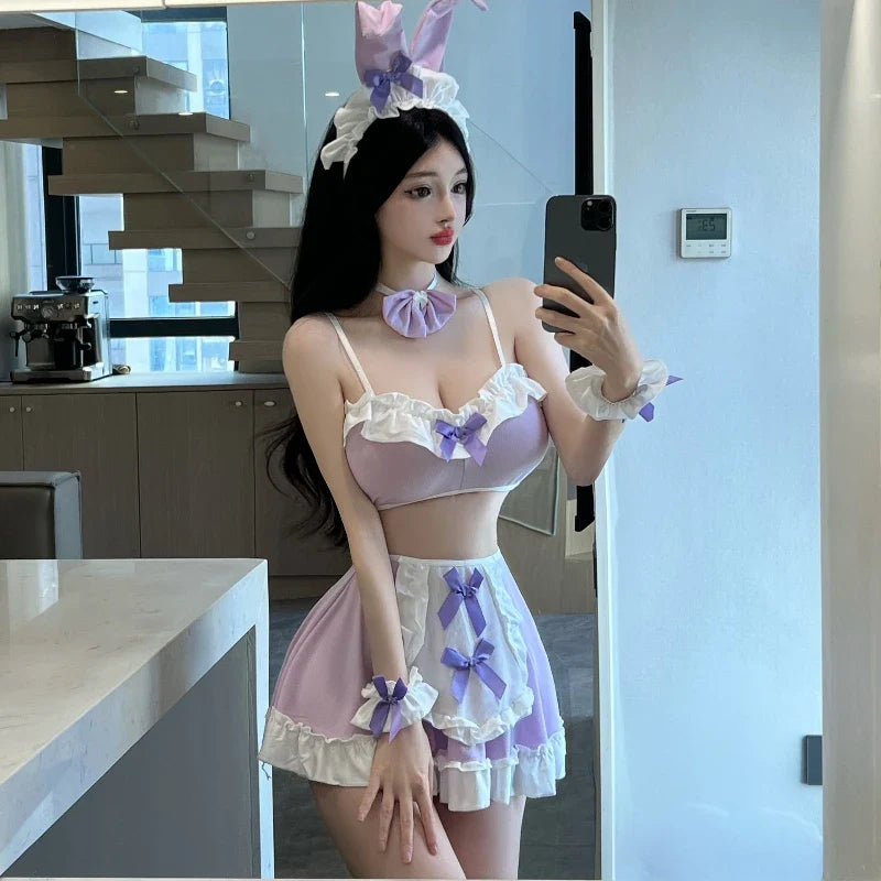 Rabbit Role Play Lace Bow Top Miniskirt Kawaii Bunny Ear Cosplay Costumes Charm Adult Flirt Outfit Charm Purple