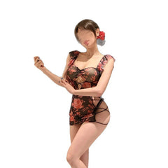 Hollowed Out Wrap Hip Skirt Rose Printing Nightgown Cosplay Costumes Backless NightAdult Home Pajamas