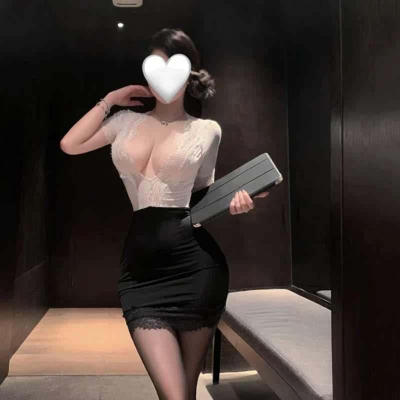 Exotic Office Lady Cosplay Costume See-through Underwear Hollow Out Deep V Lace Secretary Temptation Wrap Hip Dress