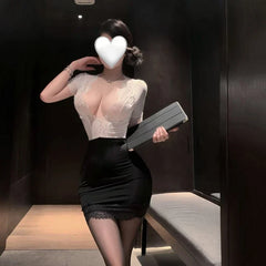 Exotic Office Lady Cosplay Costume See-through Underwear Hollow Out Deep V Lace Secretary Temptation Wrap Hip Dress