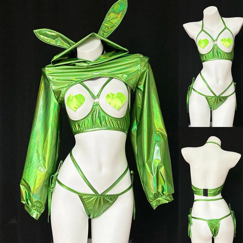 Bunny Cosplay Costume Idol Group Machine Rabbit Outfits Pink Exposed Breast Laser Lingerie Gift