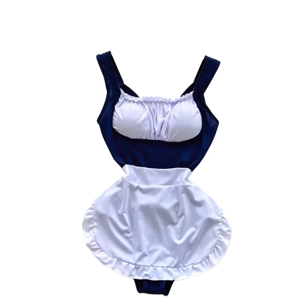 Maid One-Piece Swimsuits Apron Ruffle Choker Cute Lolita Cosplay Swimwears