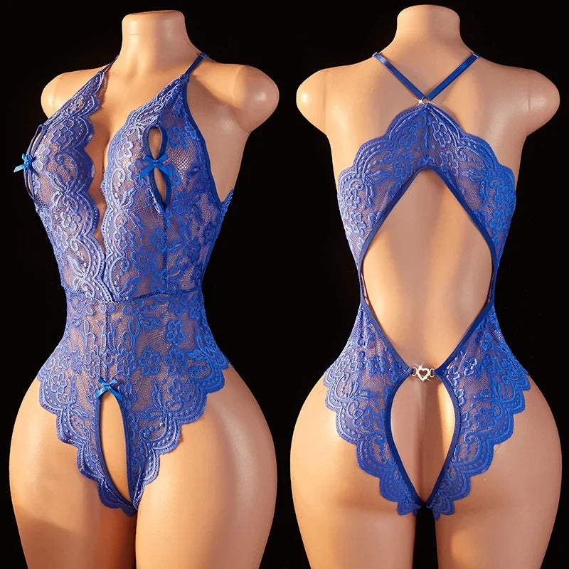 One-piece Crotchless Bodysuit Deep V Open Bra Lingerie