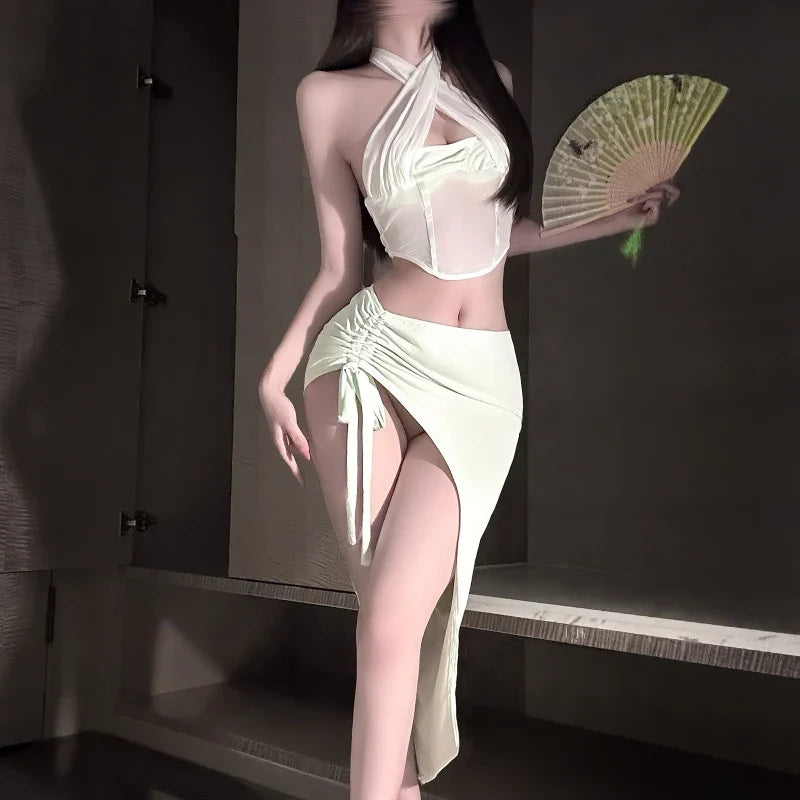 Passion Halter Bellyband Perspective Backless Top Irregular Skirt Erotic Cosplay Improve Costumes Couple Flirting Set