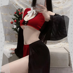 Plush Pajamas Passion Hollow Top Split Temptation Skirt Long Sleeve Set