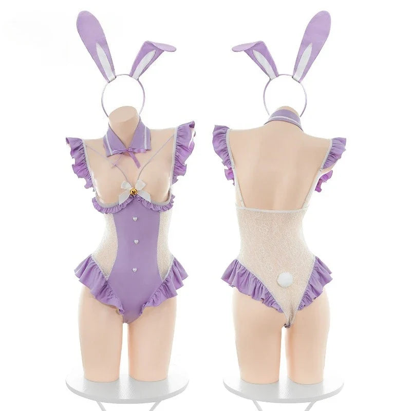 Roleplay Bunny Jumpsuit Kawaii Tempting Flirtatious Lingerie V-neck Bow Bodysuit Cosplay Rabbit Costumes Purple Black
