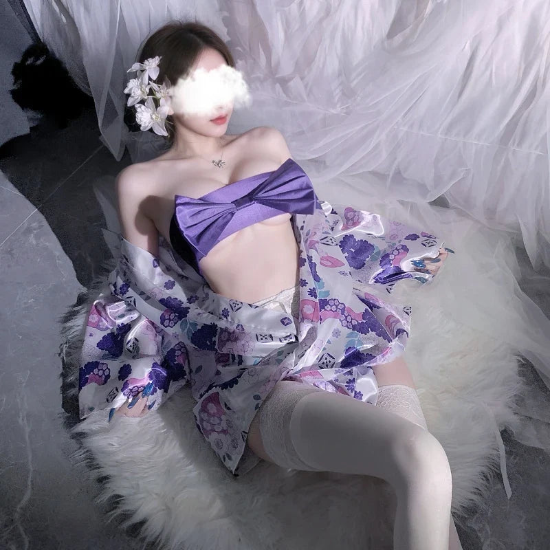 Kimono Cosplay Outfit Traditional Style Robe Yukata Sakura Costumes Pajamas Bathrobe Belt Lingerie Nightgown