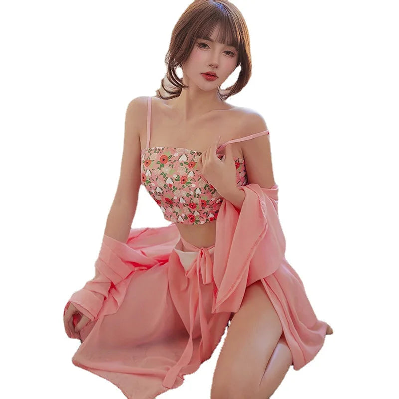 Pink Hanfu Bellyband Perspective Skirt Thin Outerwear Erotic Cosplay Lingerie Mesh Traditional Retro Costumes