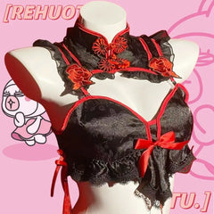 Gothic Vintage Cheongsam Lingerie Maid Cosplay Lolita Lace Embroidery Underwear Set