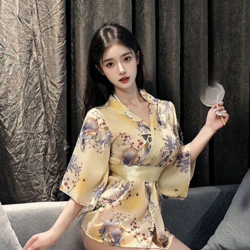 Short Style Kimono Bathrobe Temptation Print Bow Pajamas Home Nightgown Exotic Charm Costumes