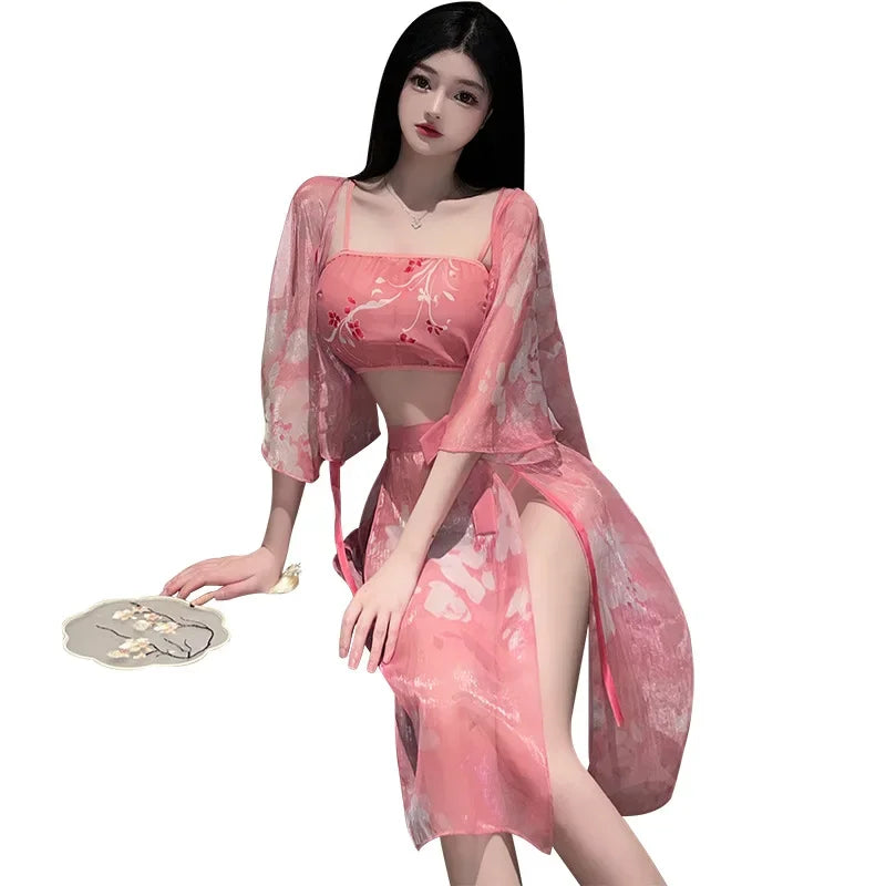 Ancient Hanfu Nightgown Role Play Porno See-Through Mesh Sleepwear Retro Traditional Bellyband Exotic Charm Costume