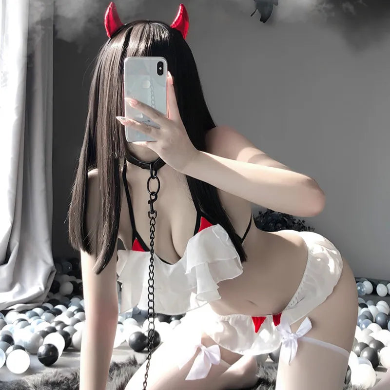 Cosplay Little Devil Costumes Halloween Black Chiffon Confortable Stretch Bra
