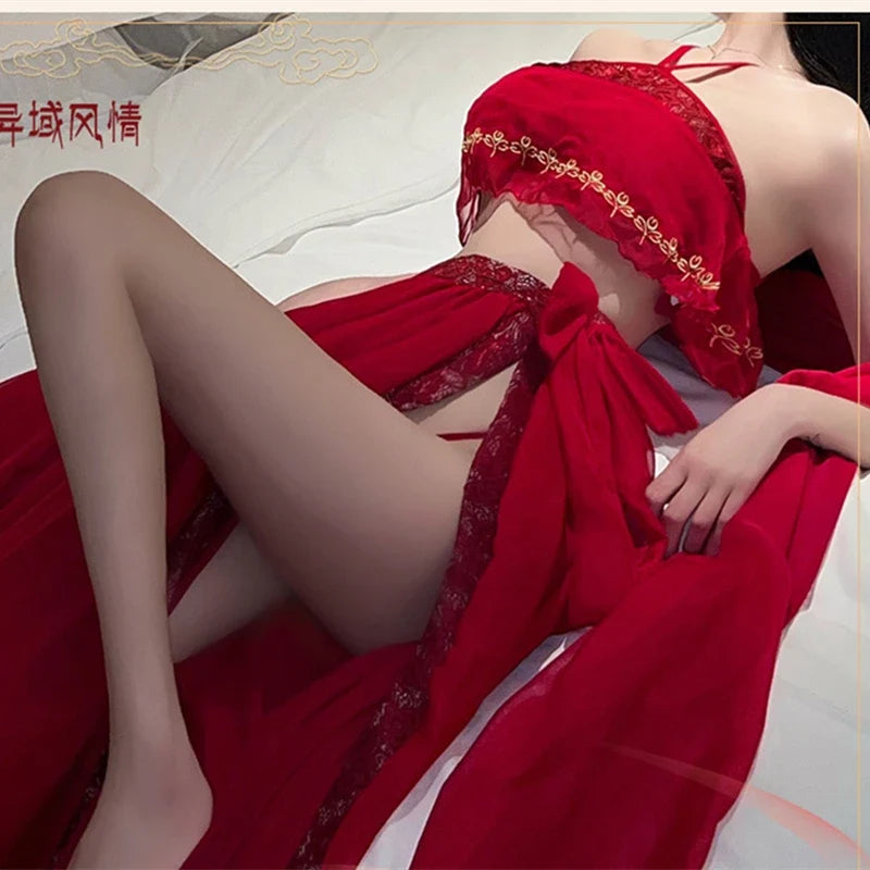 Cosplay Bride Wedding Red Traditional Temptation Hanfu Shawl Top Long Skirt Set
