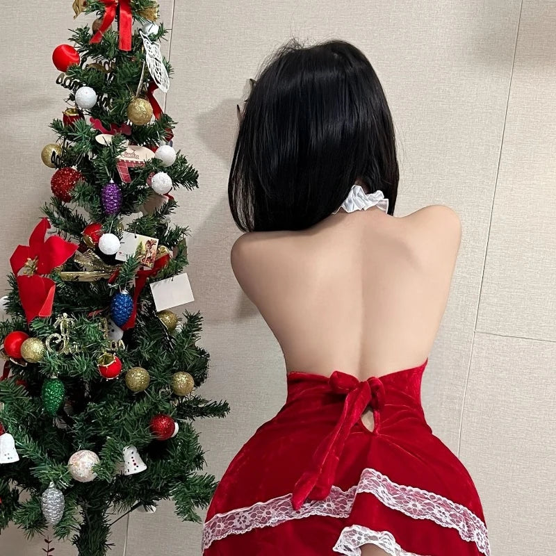 Lace Elegant Sweet Christmas Cosplay Costume Slim Fit Bandage Backless Santa Claus Roleplay Halter Skirt Red