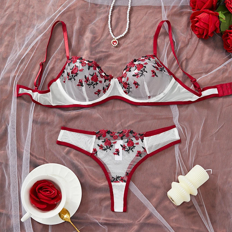 Embroidery Floral Ultra-thin Exquisite Transparent Underwear Bra Set