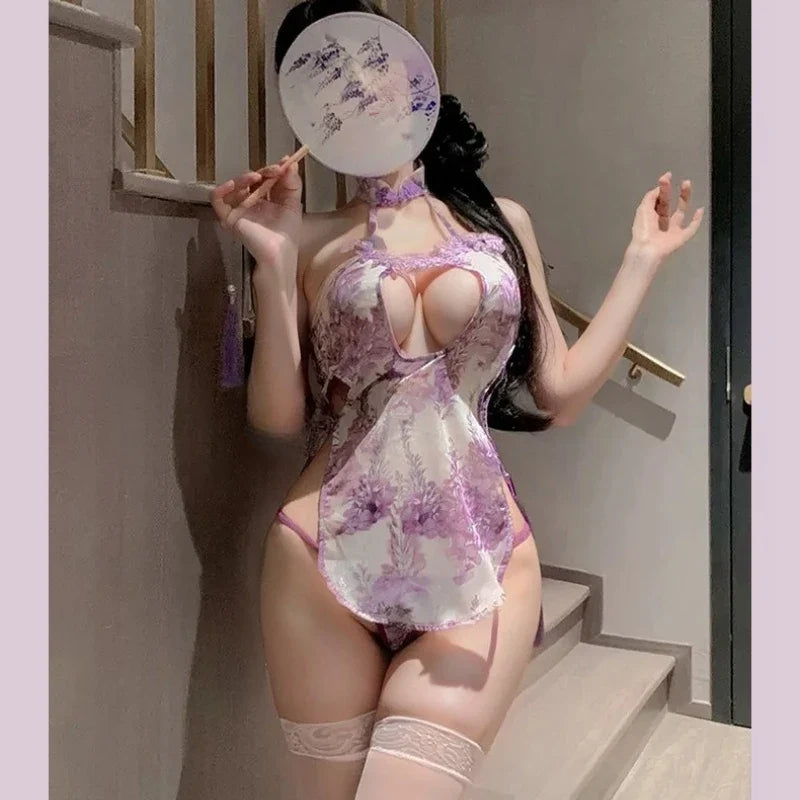 Floral Cheongsam Hot Hollow Slit Temptation Traditional Porno Exotic Charm Costume Purple