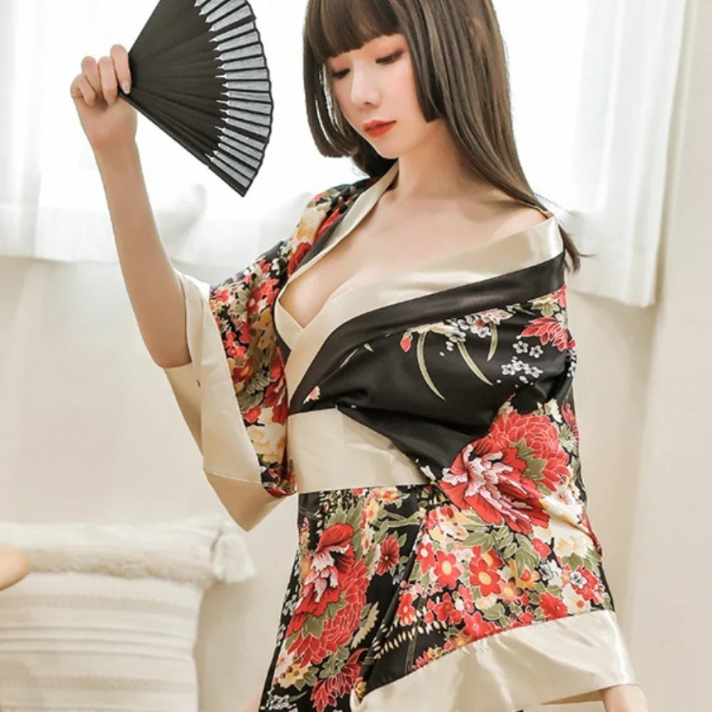 Lingerie Kimono Seductive Topless Print Pajama Set