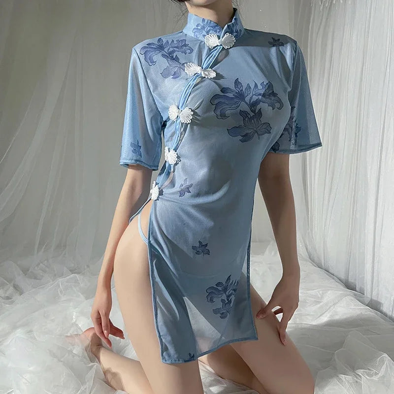 Purple Blue Cheongsam Perspective High Waist Split MiniTraditional Underwear Skirt Couples Flirting Set