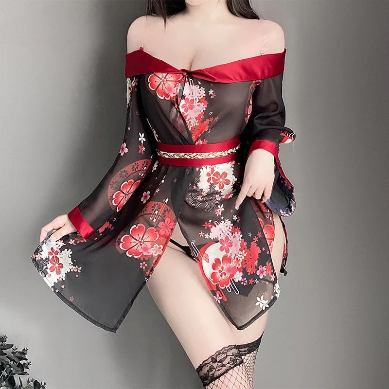 Flower Printing Kimono Traditional Pajamas Erotic Lingerie Bathrobe Nightgowns Perspective Sleepwear