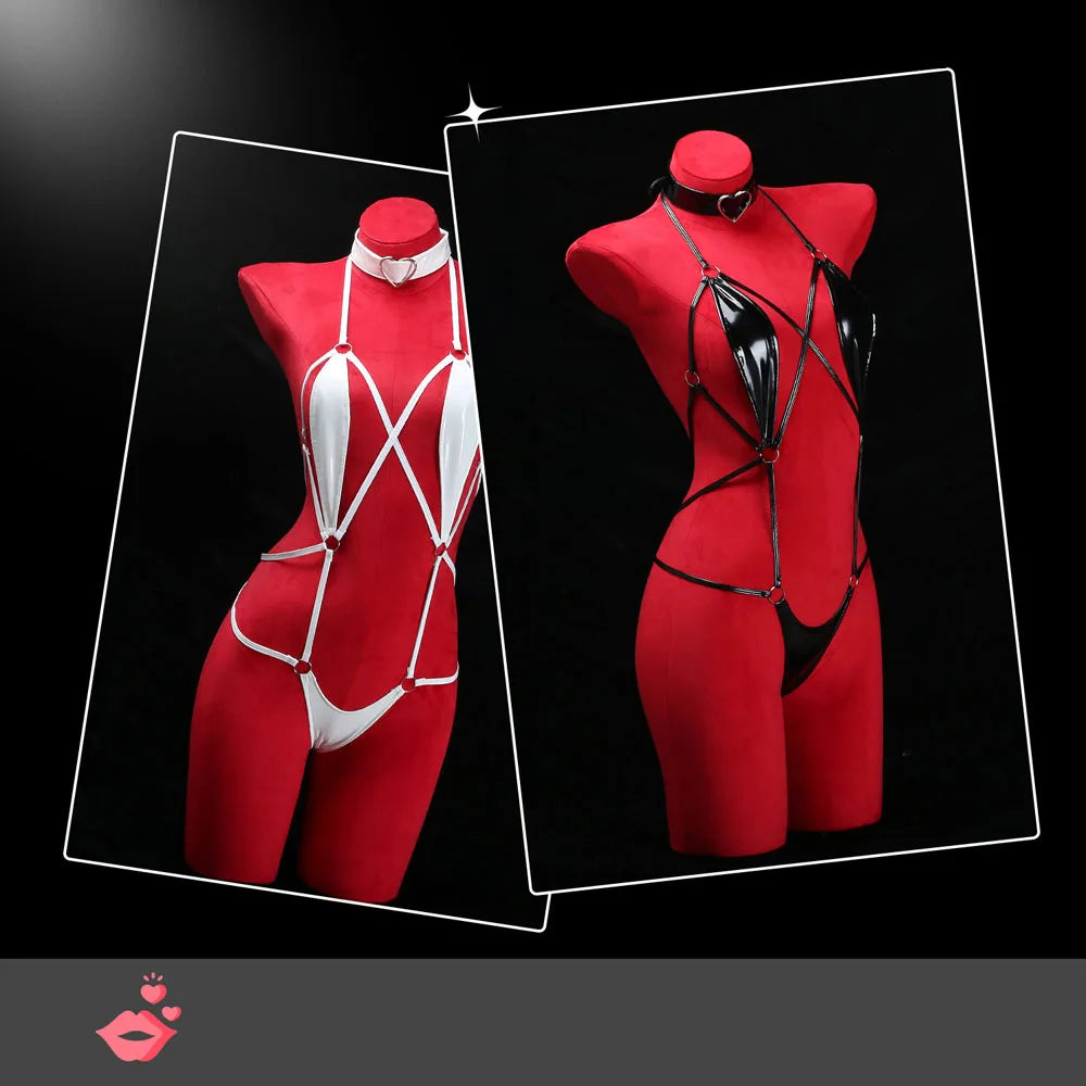 Patent Leather Harness Lingerie Heart Choker Open Back Crotch less Erotic Bodysuit Intimate Club wear