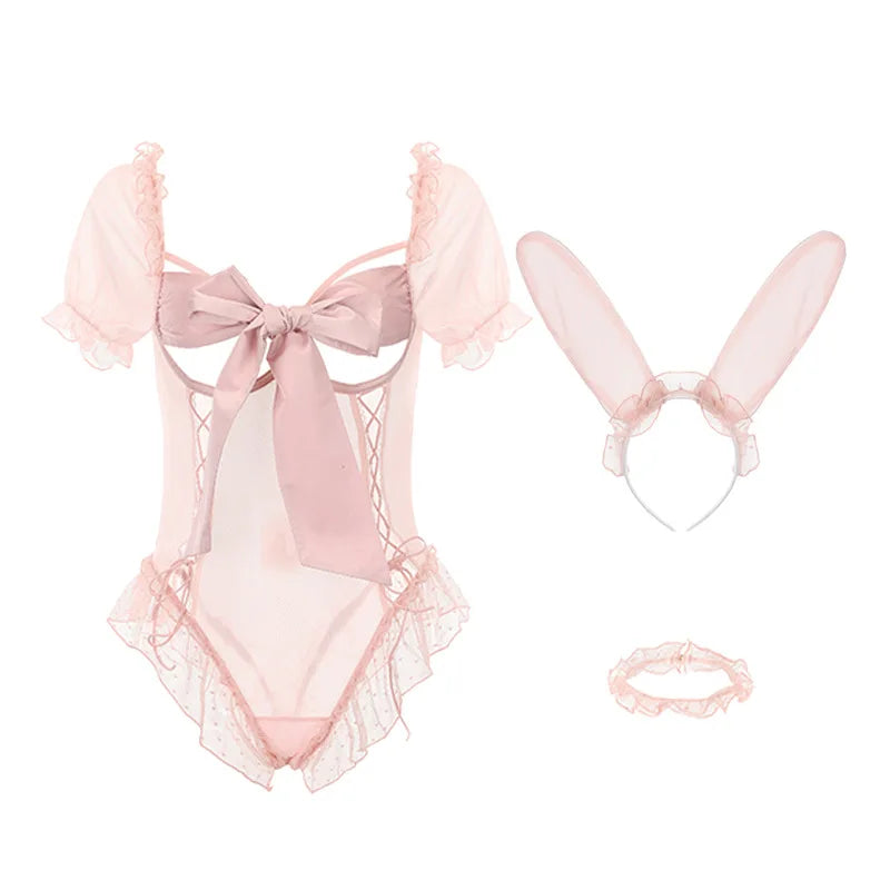 Open Crotch Bow Bodysuit Cosplay Bunny Lingerie Hot Erotic Underwear Erotic Costumes Lace Rabbit Outfit