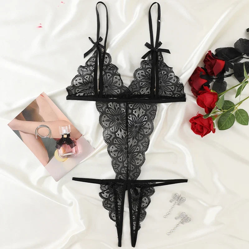 Hot Crotchless Underwear Porn Transparent Lace Hollow Out Open Bra Bodysuit Lingerie
