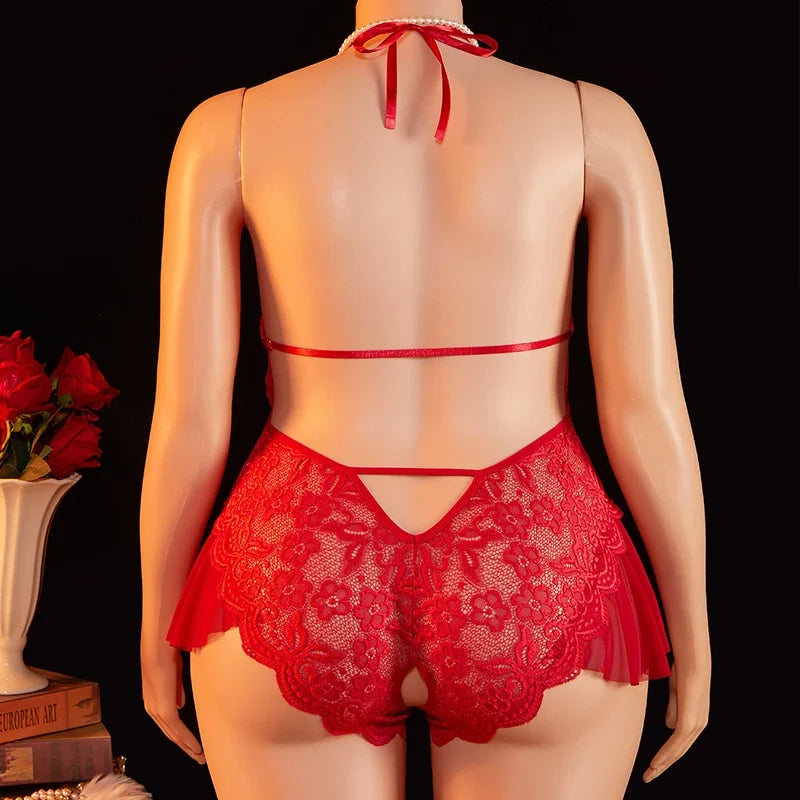 Lingerie Crotchless Deep V Open Red Lace Hollow Bodysuit Teddy Babydoll Underwear Set