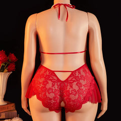 Lingerie Crotchless Deep V Open Red Lace Hollow Bodysuit Teddy Babydoll Underwear Set