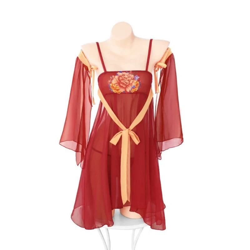 Ancient Style Hanfu Elegant Transparent Flower Print Backless Deep V NightTraditional Bellyband Pajamas