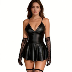 PU Leather Mini Deep V Neck Spaghetti Strap Flare Skirt Nightclub Party Erotic Lingerie Outfit Cosplay
