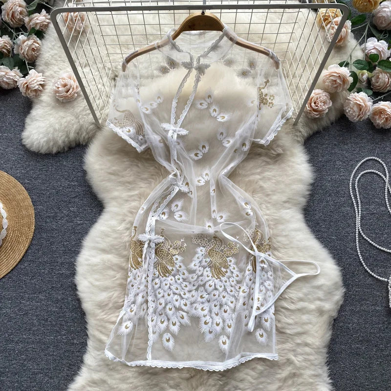Cheongsam Panties Embroidery Lingerie Transparent Exotic Cosplay Costumes 5Colors