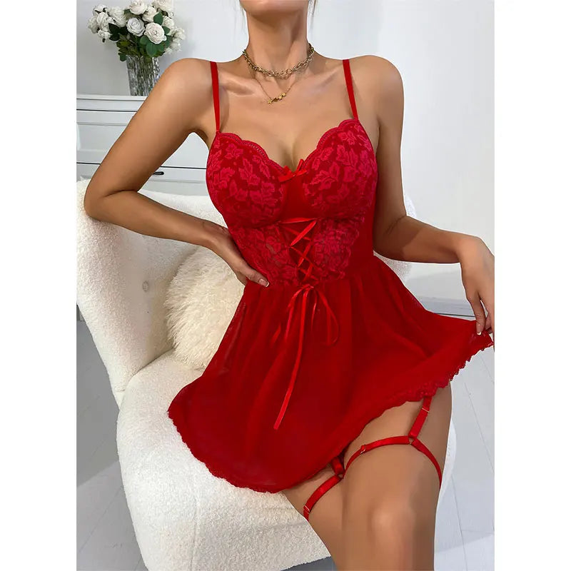 Red Erotic Bra Panties Suit Sheer Night Lingerie 3 Piece Lace Bras Leg Ring Set