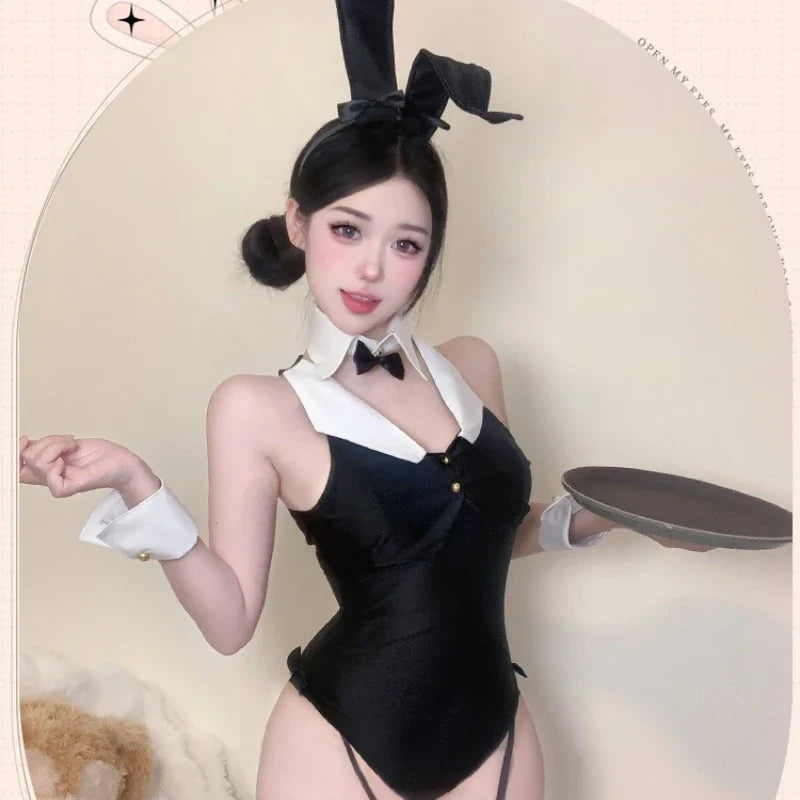 Rabbit Cosplay Lingerie Suspender Bodysuit Pajamas bow collar Decoration jumpsuit bunny Ears Headwear
